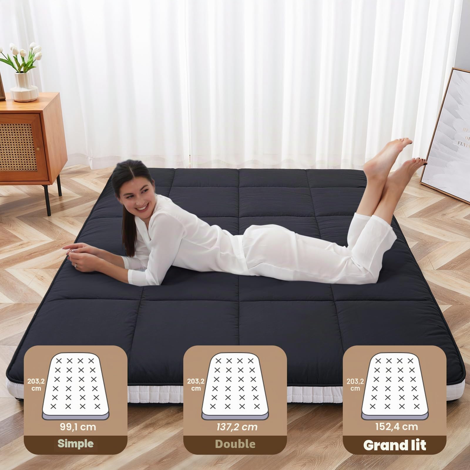 Matelas futon japonais, matelas de sol japonais, très épais et pliable, matelas de couchage en mousse à mémoire de forme pour adultes, tatami adapté pour le camping et les invités, noir diamant