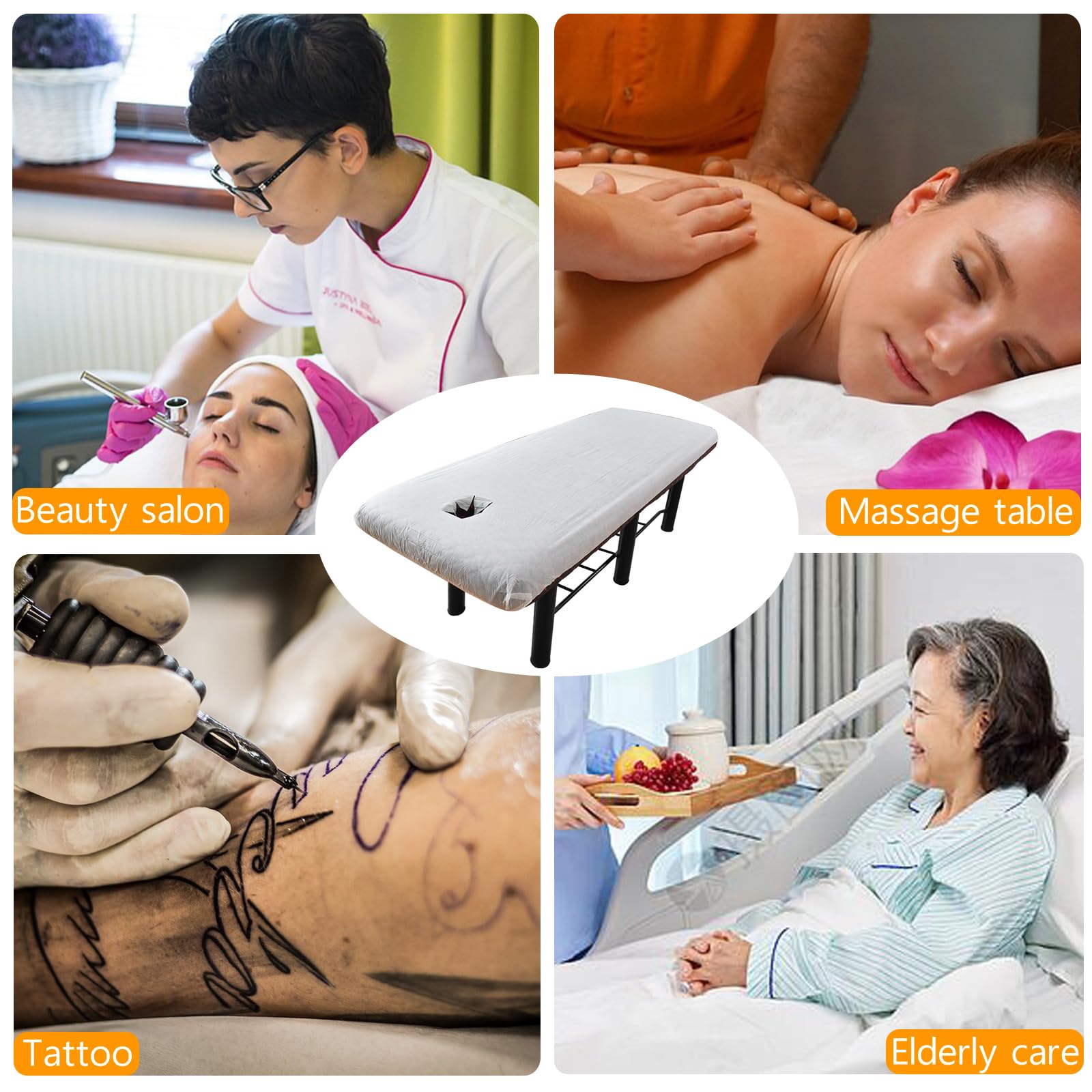 Juego de 10 sábanas desechables ajustables para mesa de masaje con agujero para la cara, tela transpirable no tejida, cubierta protectora para mesa de masaje con elástico a prueba de aceite e