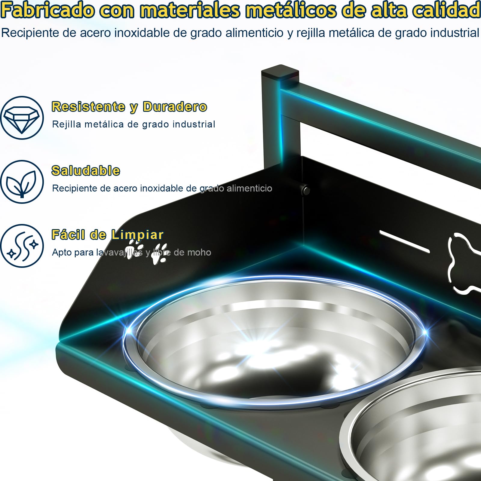 Comedero Elevado para Perros con Cercar de 7cm, Altura Ajustable en 5 Niveles, 2 Recipientes de Acero Inoxidable (3L x 2), Soporte Estable Comederos de Raza Gigante, Grande y Mediano