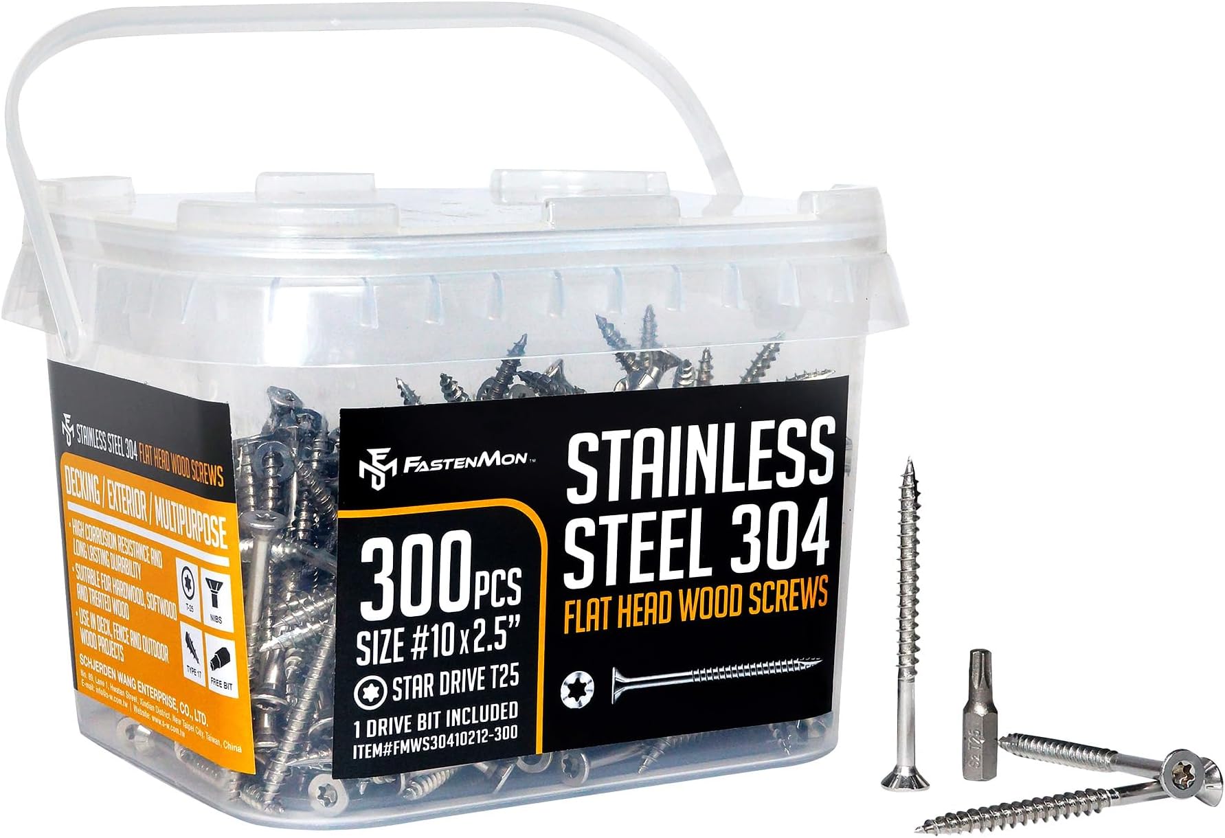 Deck Screws 10 x 2.5" Inch 300 pcs 3.8 lb Stainless Steel 304 Torx Flat Head Outdoor Wood Screws T 25 Bit Included by Fastenmon