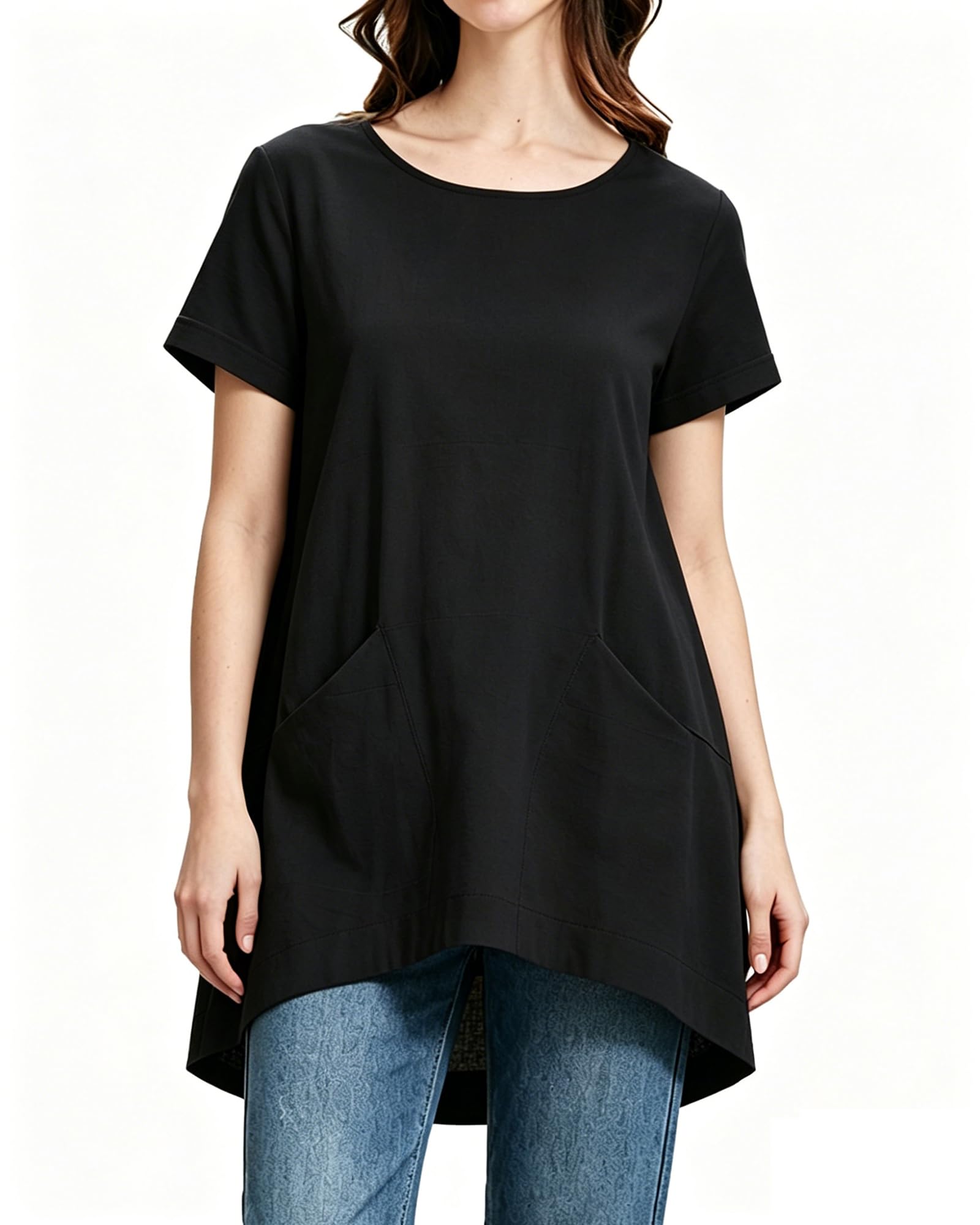 FTCayanz Damen Leinen Tunika Kurzarm Rundhals Sommer Bluse