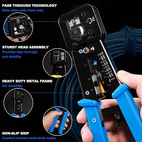 Miniatura 3 de Hiija Herramienta de crimpado RJ45 para crimpado Cat5 Cat5e Cat6 para conectores RJ45RJ12 de paso regular y final con 50 conectores, 50 cubiertas y