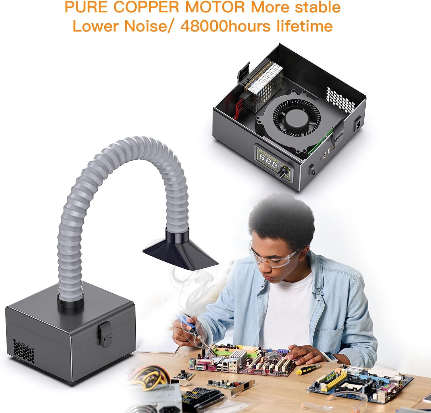 Fume Extractor With USB And LED, 150W, 180m³/h Strong Suction, Low Noise, High Efficiency, Adjustable Speed, 3-Stage Filtration (With HEPA Filter,Activated Carbon), Soldering, Welding,3D Printing
