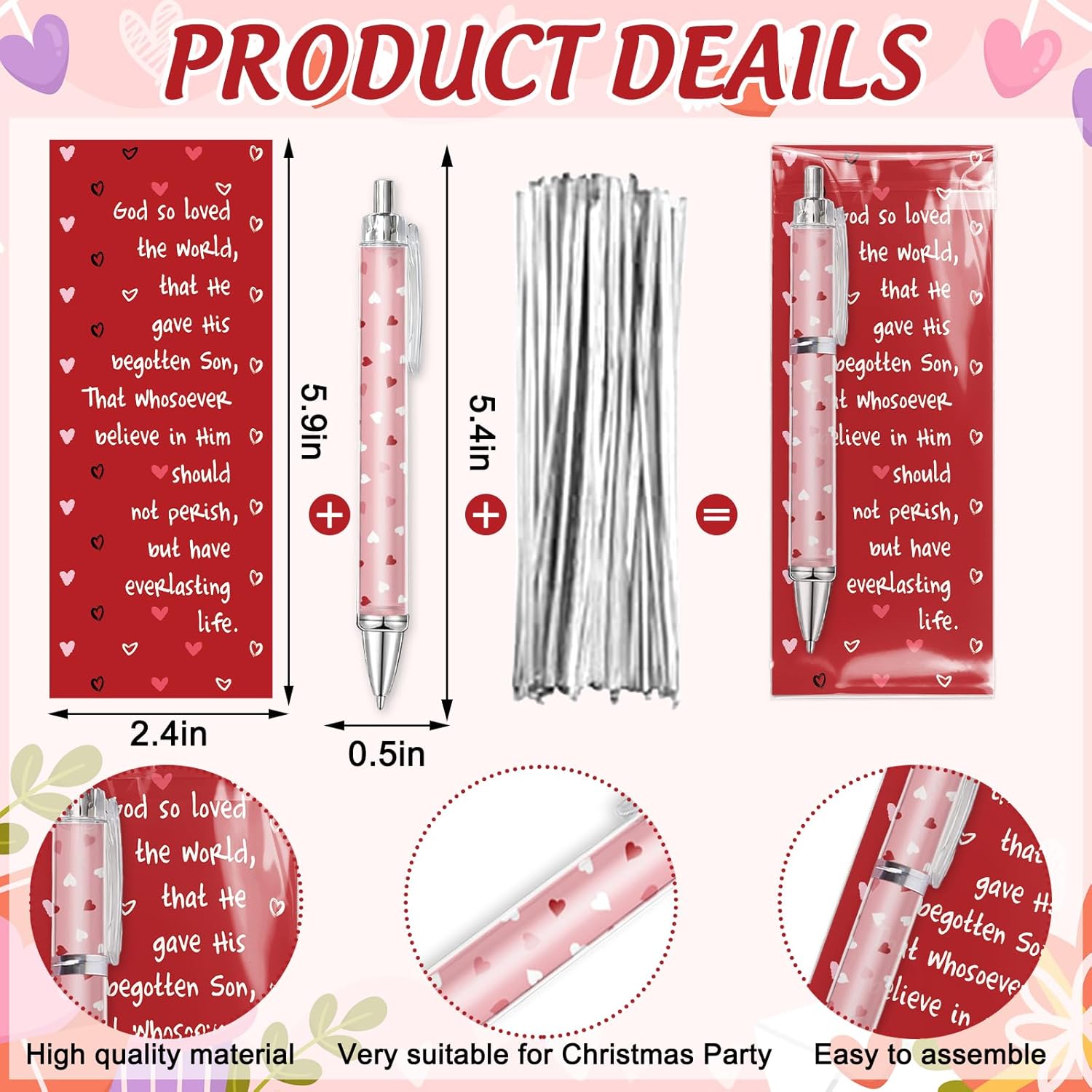 30 Sets Valentine's Day Ballpoint Pens Bulk Pink Red White Love Heart Plastic Ballpoint Pens with Bible Verse Thank You Cards for Christian Appreciation Gift Sunday School Church Party Favors - Image 2