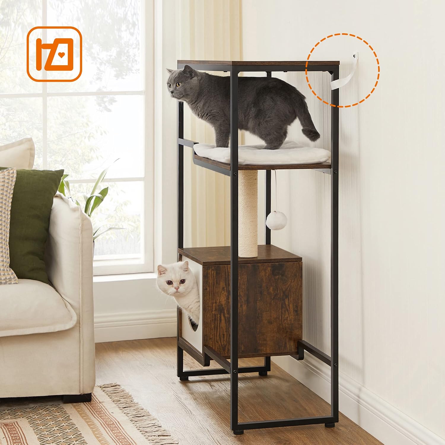 Close-up of the anti-tipping device installation on the FEANDREA Cat Tree House PCT112X01.