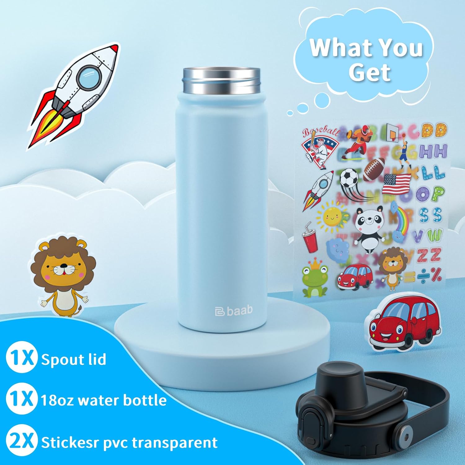 baab 18oz Kids Water Bottle, Insulated Kids Water Bottle with Lockable Spout Lid & Stickers, 18/8 Stainless Steel Vacuum Leakproof Kid Water Cup with Handle for Sports & School (Light Blue, 1 Pack) - Image 7