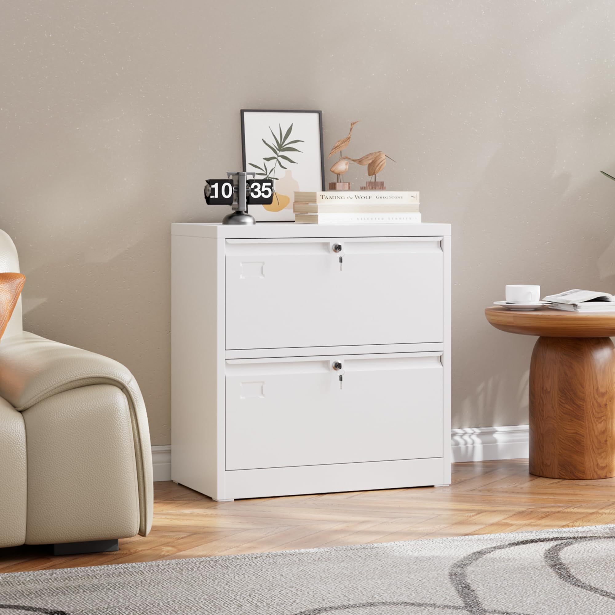 Armoire de rangement en métal avec 2 tiroirs, grand volume de rangement, armoire de classement avec serrure, grande capacité, adaptée pour la maison, le bureau, blanc