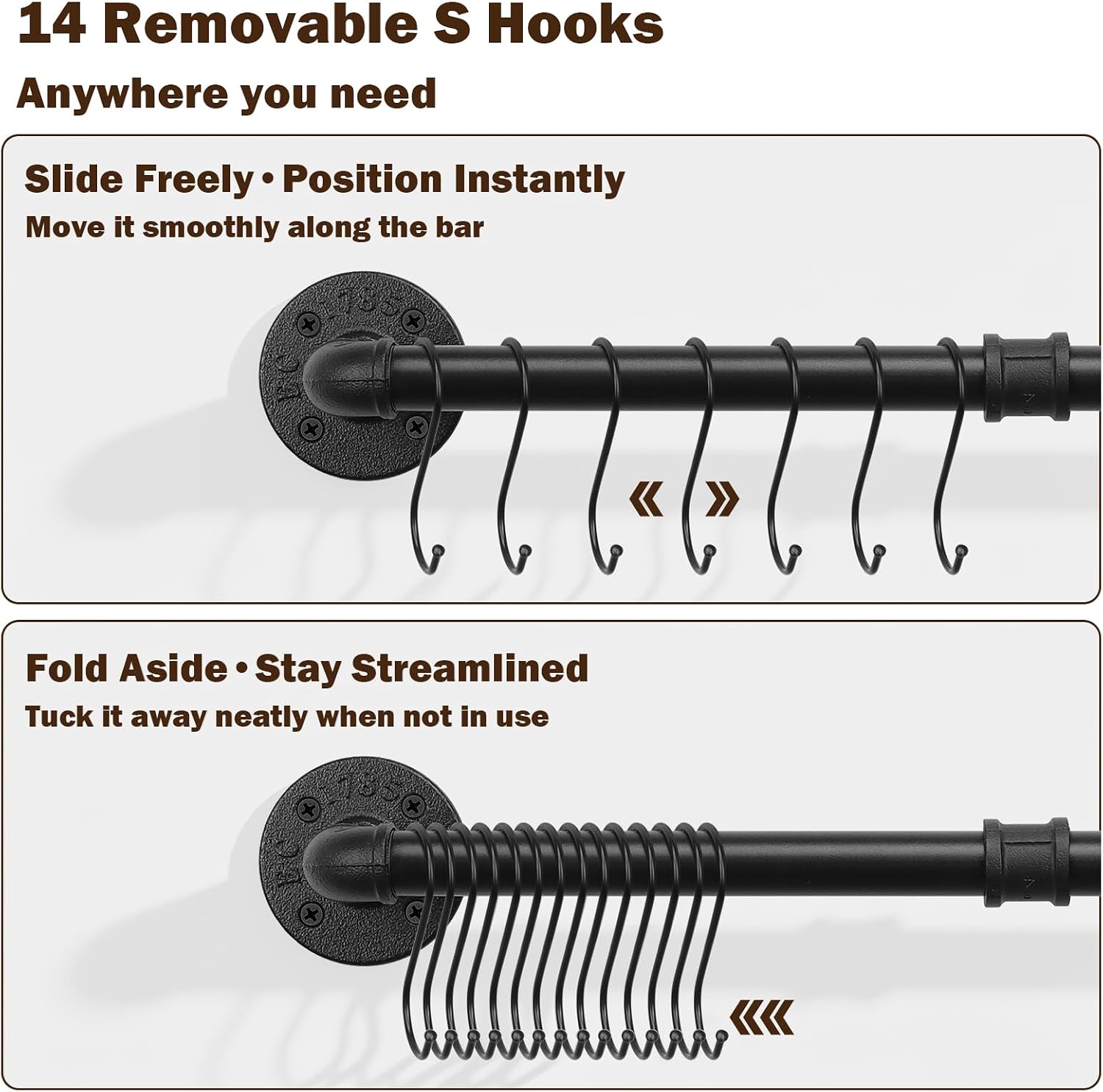36 Inch Industrial Pipe Pot Pan Rack, Heavy Duty Wall Mounted Hanging Rail with 14 Removable S Hooks, Space Saving Kitchen Organizer and Utensils Hanger for Cookware, Lids, Matte Black