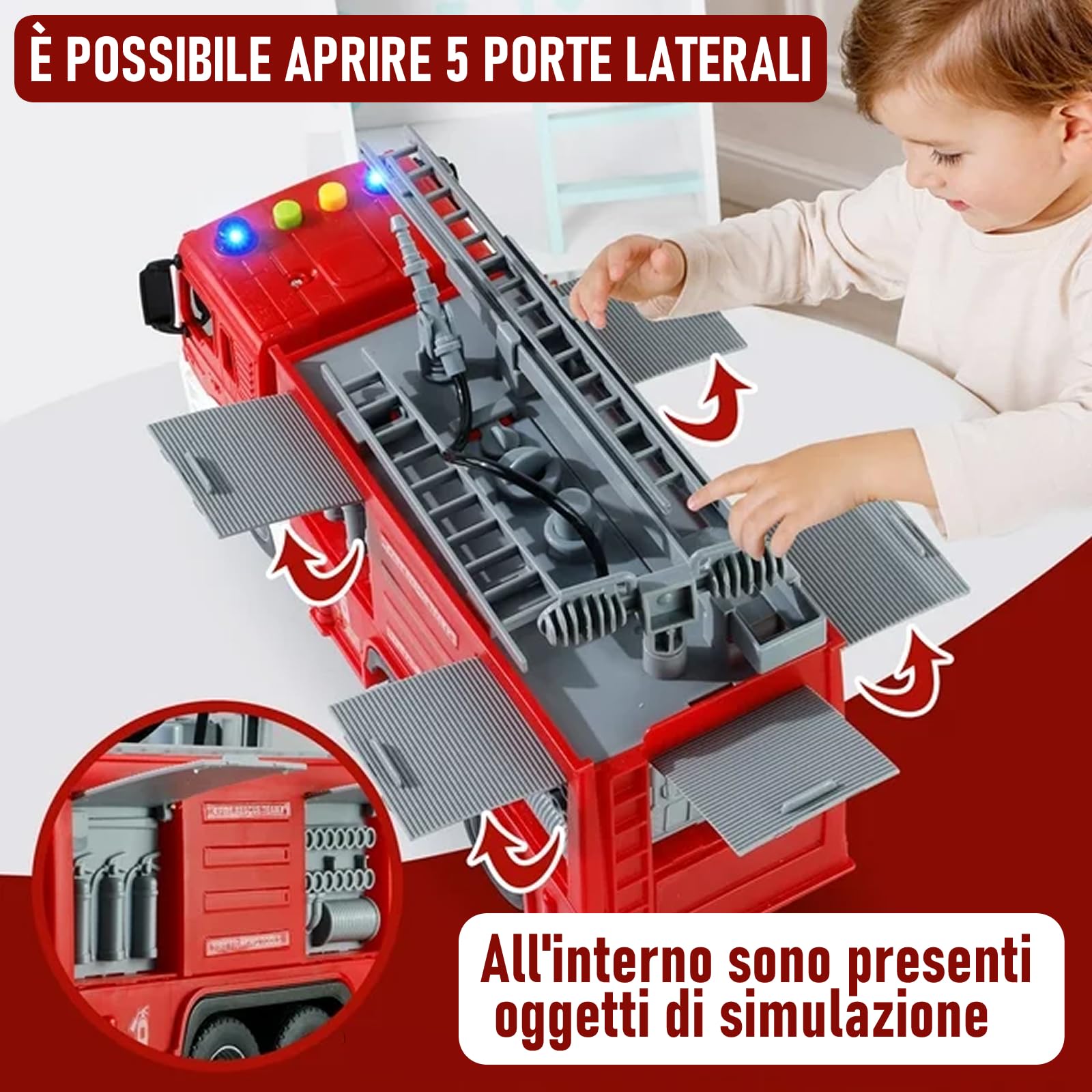 Scala 1:16 Camion Pompieri Giocattolo per Bambini, Autopompa Antincendio a Inerzia Luci & Suoni,con pompa spruzzatrice d'acqua, scala estensibile, Rosso (scala a pioli)