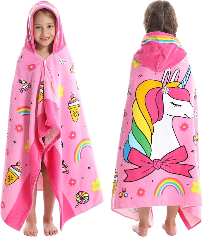 Toallas de playa tipo poncho para niños con capucha para baño, pileta, natación, niñas y niños | 30 × 50 PULGADAS Tamaño grande,Ultra absorbente 100% algodón,Envoltura suave y portátil para niños pequeños,Lindo animal de dibujos animados con vitalidad total