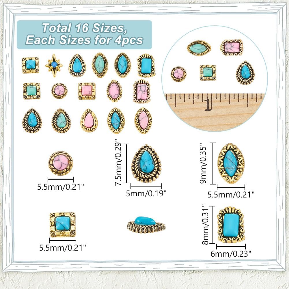 arricraft 64 Pcs 16 Styles Turquoise Nail Charms, Vintage Tibetan Style Nail Decoration for DIY Nail Art, Wedding, DIY Crafts