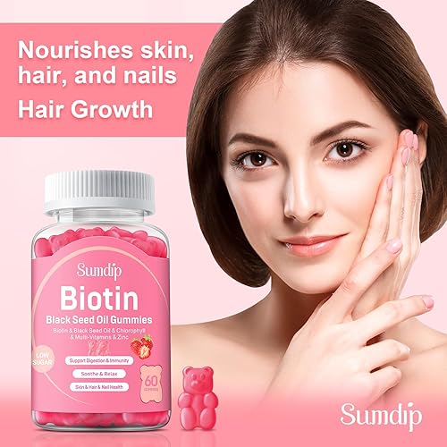 Miniatura 6 de Gomitas de aceite de semilla negra con biotina, apoyo inmunológico para cabello y piel y uñas saludables para mujeres y hombres, clorofila, zinc,