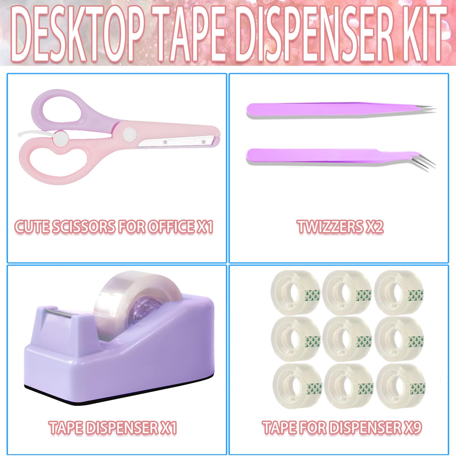 XEUZK Kits de dispensador de cinta de escritorio con dispensador de cinta antideslizante con peso, incluye 9 rollos de cinta transparente (0.71 pulgadas x 500 pulgadas cada uno) y tijeras rosas, 2