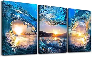DZRWUBHS Canvas Wall Art For Living Room Bedroom Office - Blue Sea View Sunrise Ocean Waves - 3 Piece Set - 16" X 24" Large Size