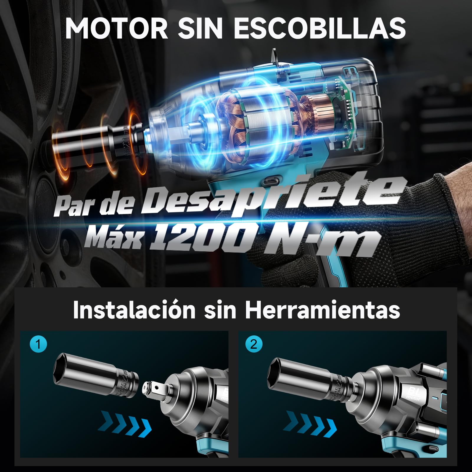 YEARTOP Pistola de Impacto a Batería Aflojado 1200 Nm con 2x 4.0Ah Baterías
