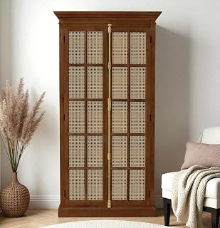 The Attic Oregon Bookshelf with Cane, Multipurpose for Living Room Bed Room Study Kitchen, Solid Mango Wood, Honey Matte F Price In India