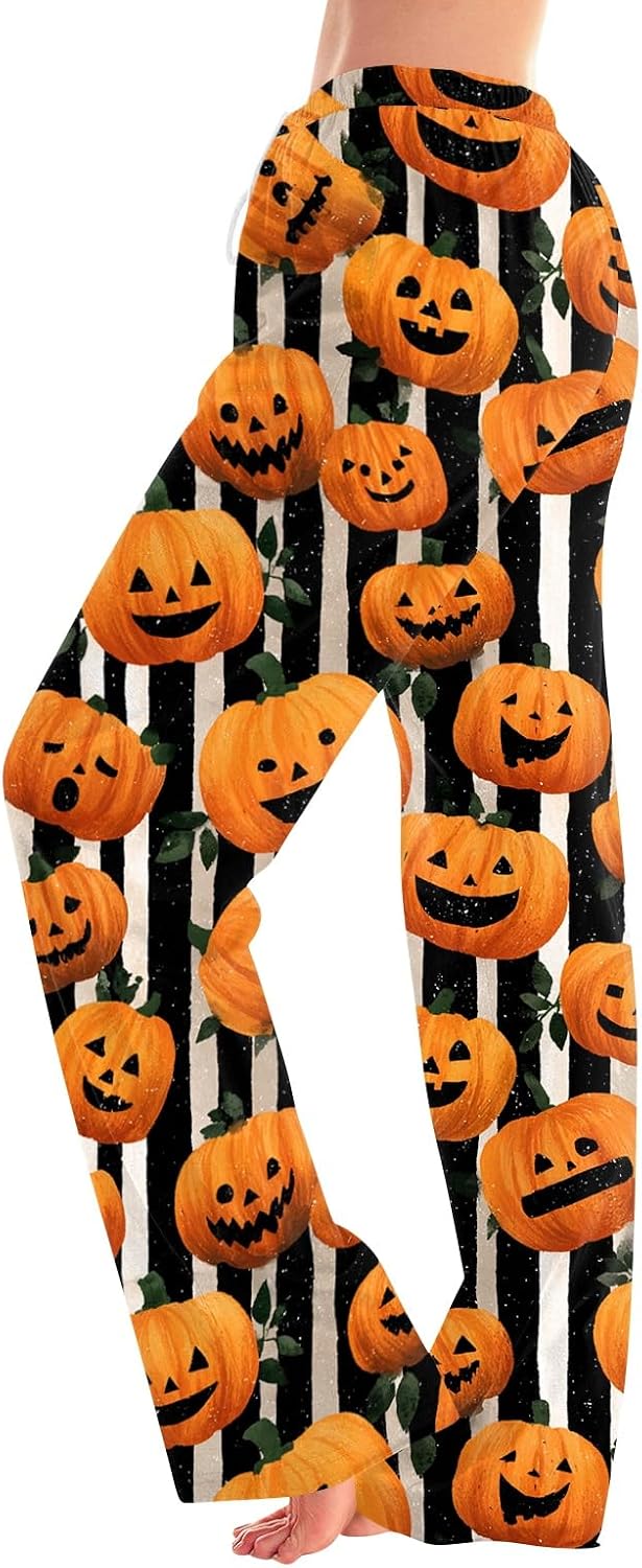 Women Halloween Pajama Skeleton Pumpkin Print Lounge Elastic Waist Drawstring Pants Loose Wide Leg Sleep Bottoms