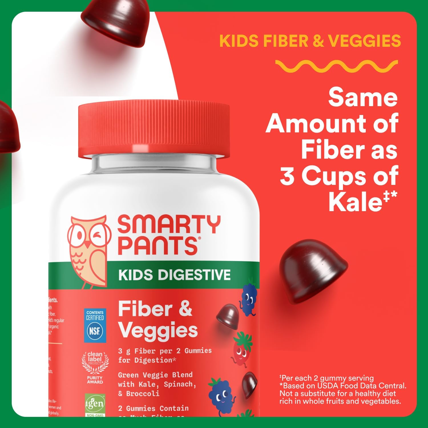 SmartyPants Kids Fiber & Veggies: Prebiotic Fiber Gummies for Kids, Fiber Supplement with Inulin, Organic Green Veggie Blend, Vegan, Gluten Free, Mixed Berry Flavor, 60 Count (30 Day Supply) - Image 2