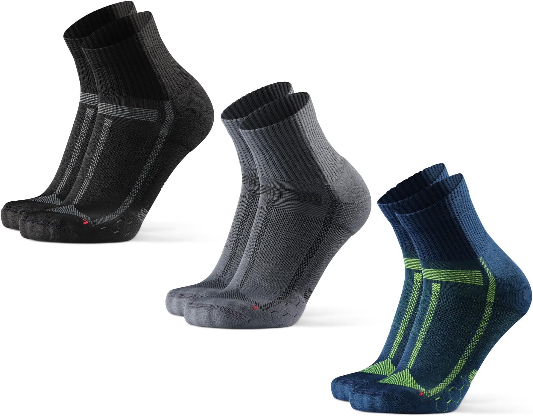 Running Socks for Long Distances 3 Pack, for Men & Women, Anti-Blister, Arch Support, Cushioned (Multicolor (1 x Black/Grey, 1 x Blue/Yellow, 1 x Grey/Black), m)