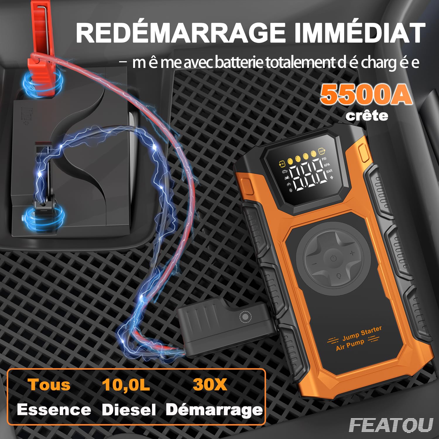 2025 Booster Batterie Voiture avec Gonfleur, 5500A Démarreur Batterie Voiture 12V Puissant avec Chargeur USB, LED, Démarrage Forcé, Portable Battery Starter pour Tous Essence et 10L Diesel
