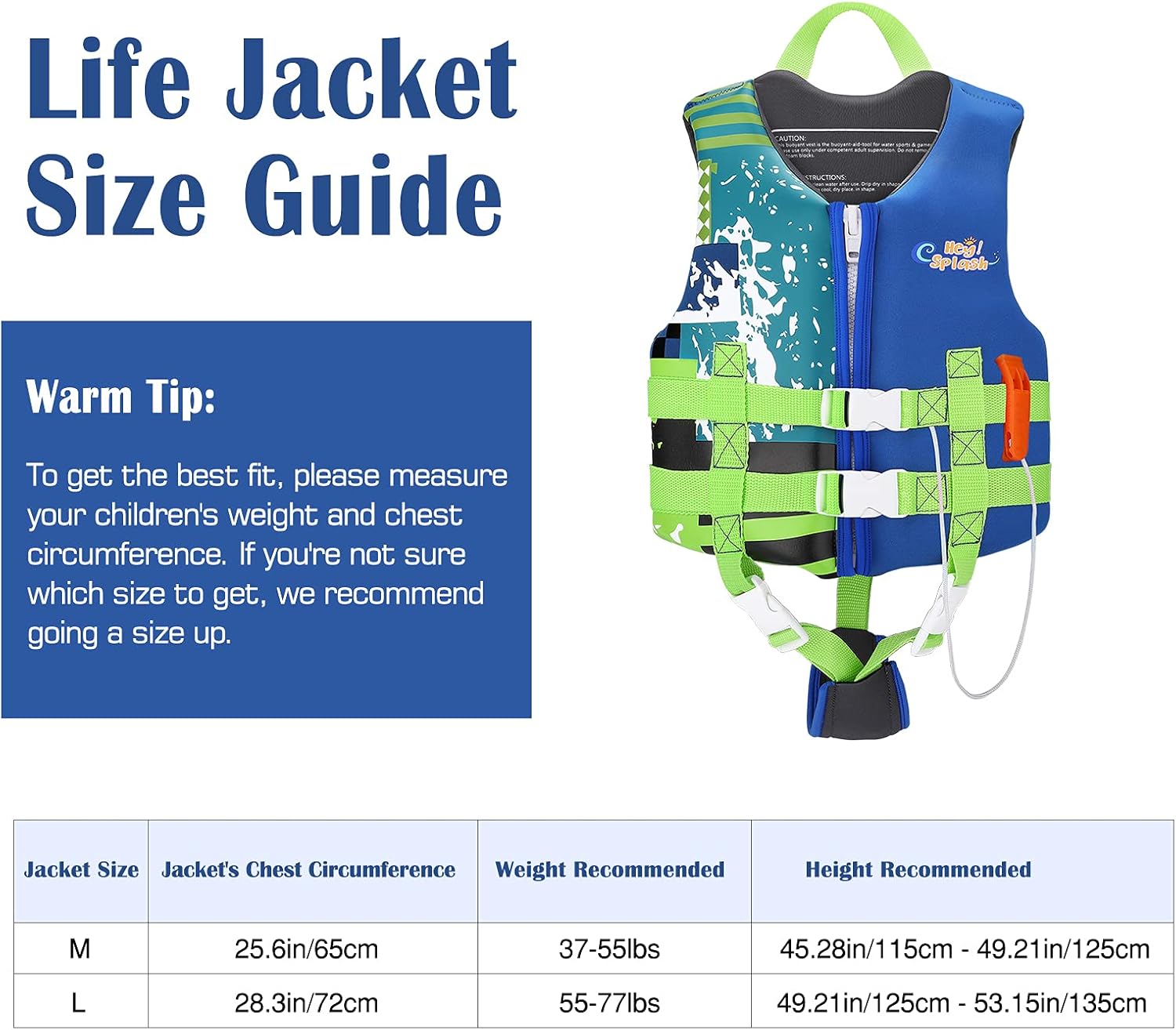 HeySplash Life Jacket for Kids, Child Size Watersports Swim Vest Flotation Device Trainer Vest with Survival Whistle, Easy on and Off, Suitable for 37-55 lbs(Size M)/ 55-77 lbs(Size L) : Sports & Outdoors