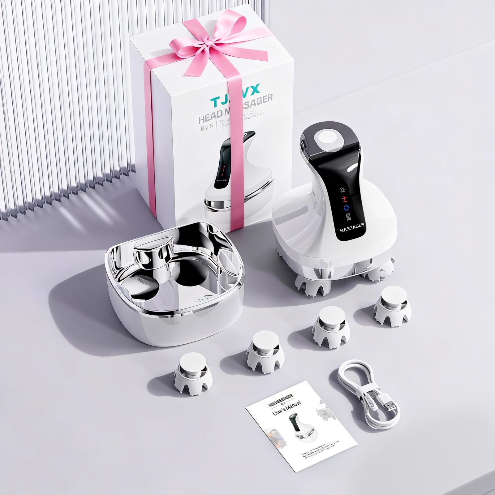 Kopfhautmassagegerät Elektrisch 4D, Nacken- und Schultermassagegerät mit 108 Silikon-Knetknoten, Kabelloser Körper-Massager für Beine & Rücken, IPX7 Wasserdicht, 4 Modi, Stressabbau - Weiß