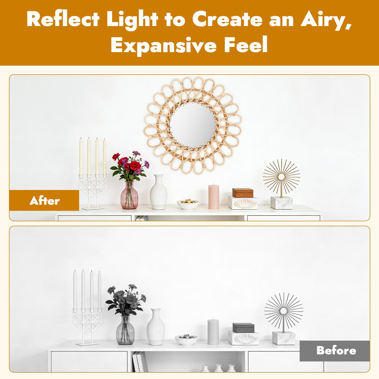 Espejo de ratán trenzado a mano, diámetro total 40 cm, redondo con espejo de 20 cm, decoración natural para salón y pasillo, espejo de pared con gancho para colgar, en color madera