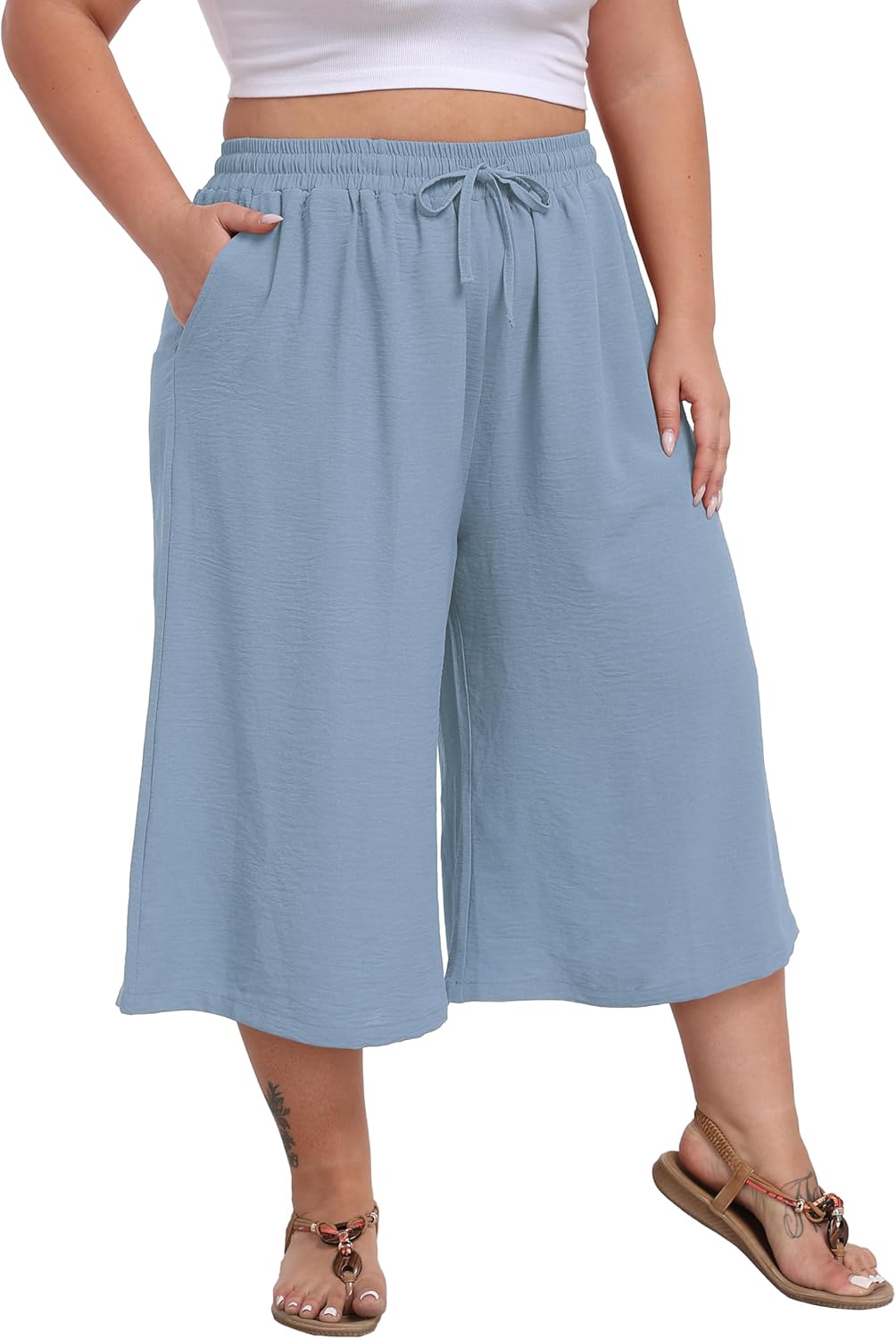 LIGHTBACK Women's Plus Size Wide Leg Capri Pants Loose Lounge Cropped Culottes Summer Casual Palazzo Pants with Pockets - Image 5