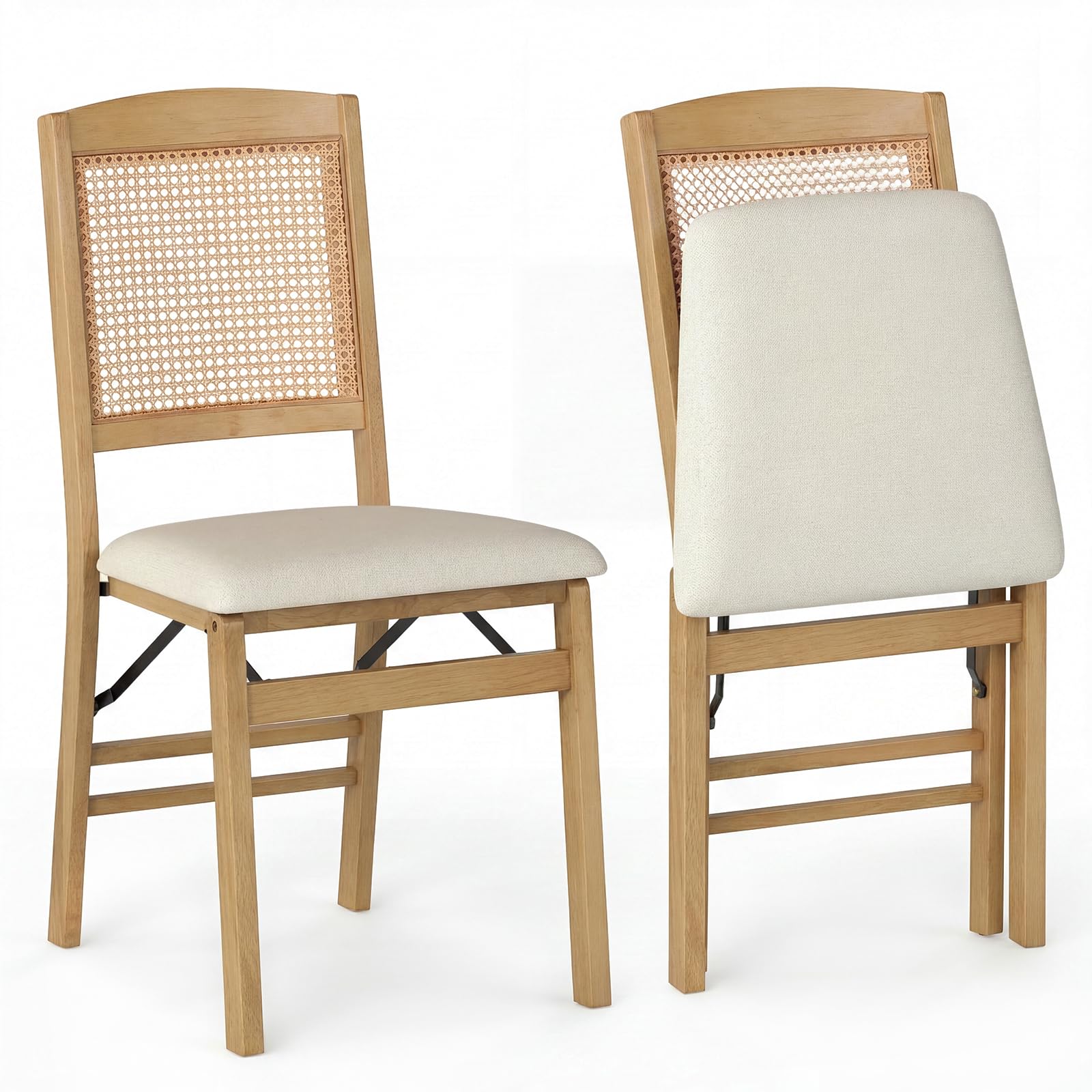 COSTWAY Klappstühle 2er Set, Rattan Esszimmerstühle mit gepolsterten Sitzen & Massivholzrahmen, Küchenstühle klappbar, armlose Polsterstühle bis 180 kg belastbar, für Esszimmer, Küche, Wohnzimmer