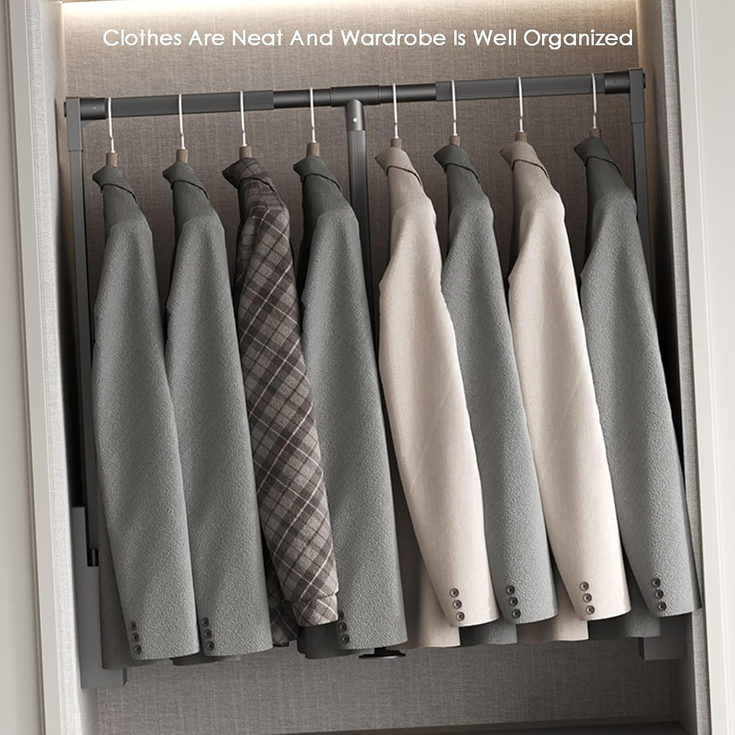 Adjustable Wall-Mounted Pull-Down Wardrobe Rod, Space-Saving Hanger System with Double Damping, 30kg Load Capacity, Perfect for Closet Organization (890-1200mm)