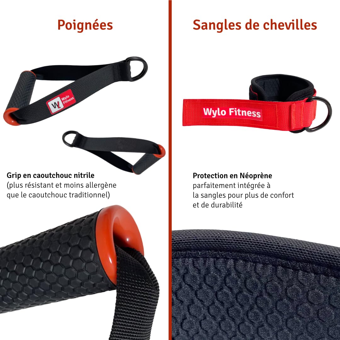 Pack de Musculation Élastiques + Sangles de Suspension | 6 élastiques (5 à 70kg) | 10 Accessoires (Barre, poignées, Sangles de Cheville, ancrages de Porte et de Pieds, Sac de Transport) (70 kg)