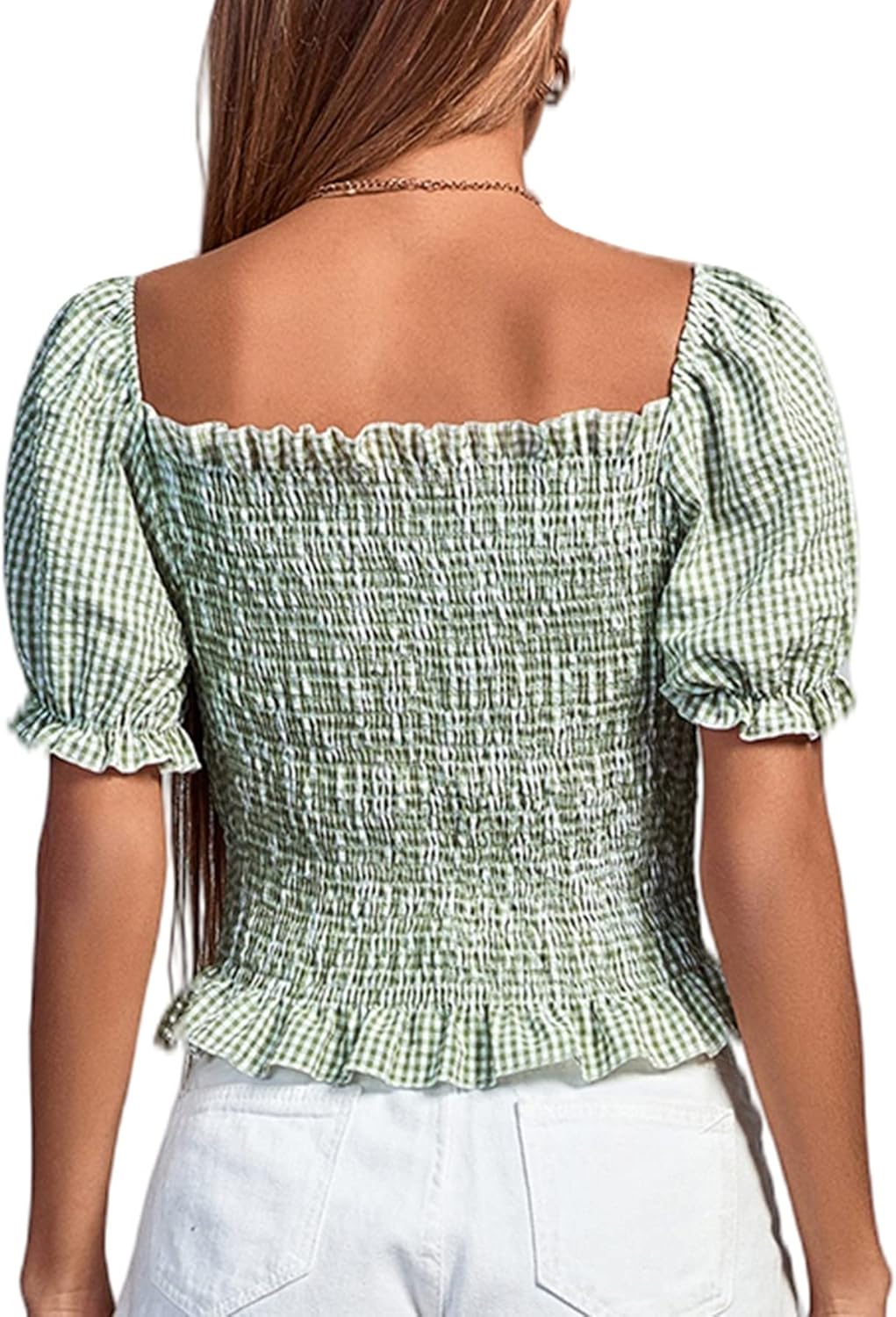 LYANER Women's Ruffle Peplum Smock Gingham Crop Top Square Neck Puff Short Sleeve Blouse Shirt - Image 2
