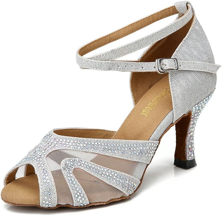 TTdancewearRhinestones Ballroom Dance Shoes Women Latin Salsa Bachata Performance Dance Shoes Suede Sole