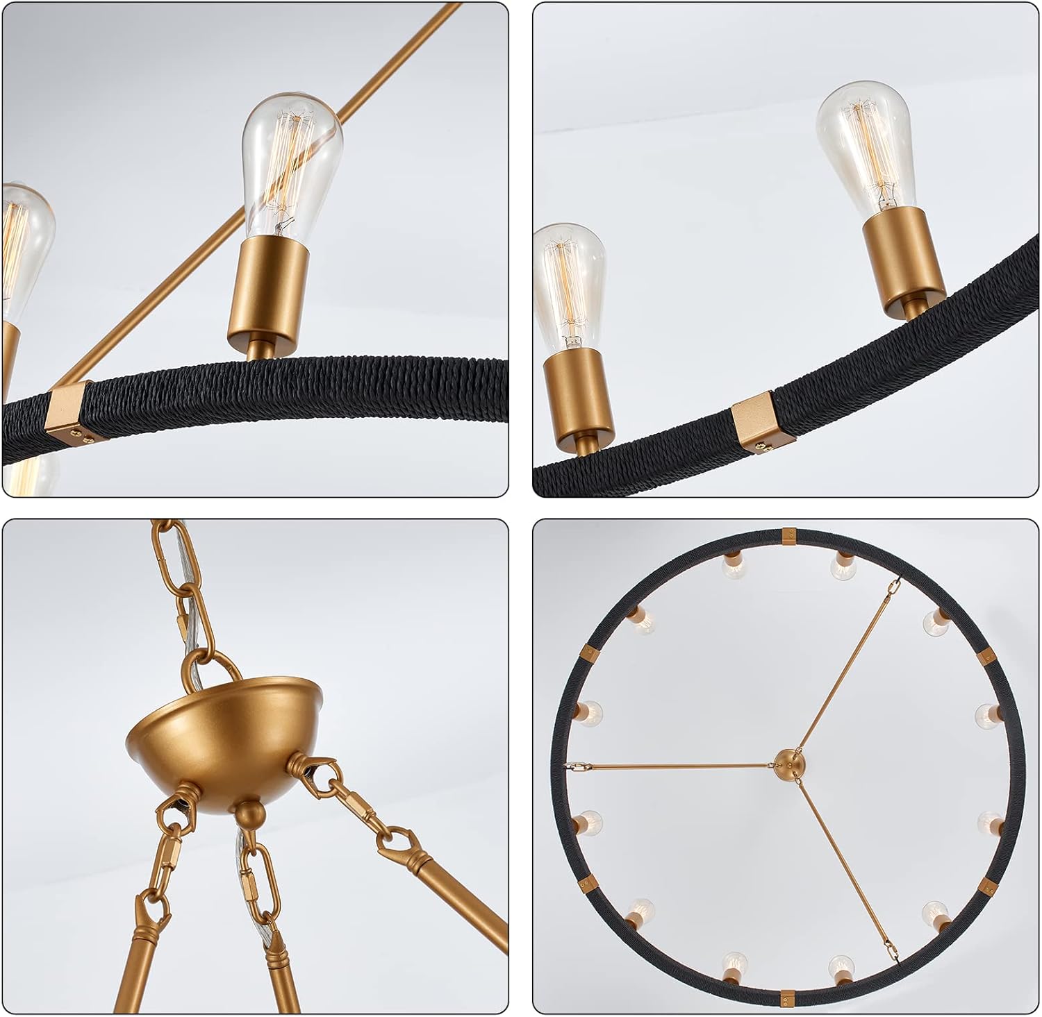 12-Lights Wagon Wheel Chandelier Bohemia Black Hand Woven Rattan Chandelier Farmhouse Large Brass Pendant Light for High Ceilings Living Room Dining Room, Dia 42 Inch, UL Listed