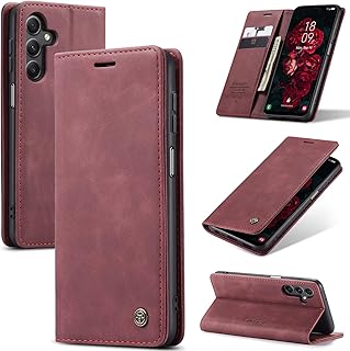 جراب موبايل جلد متوافق مع سامسونج جالاكسي A25 شبكة الجيل الخامس 5G من انبلاك، تصميم أفقي متعدد الوظائف مع فتحة للبطاقات وحامل بتصميم محفظة (أحمر نبيذي)