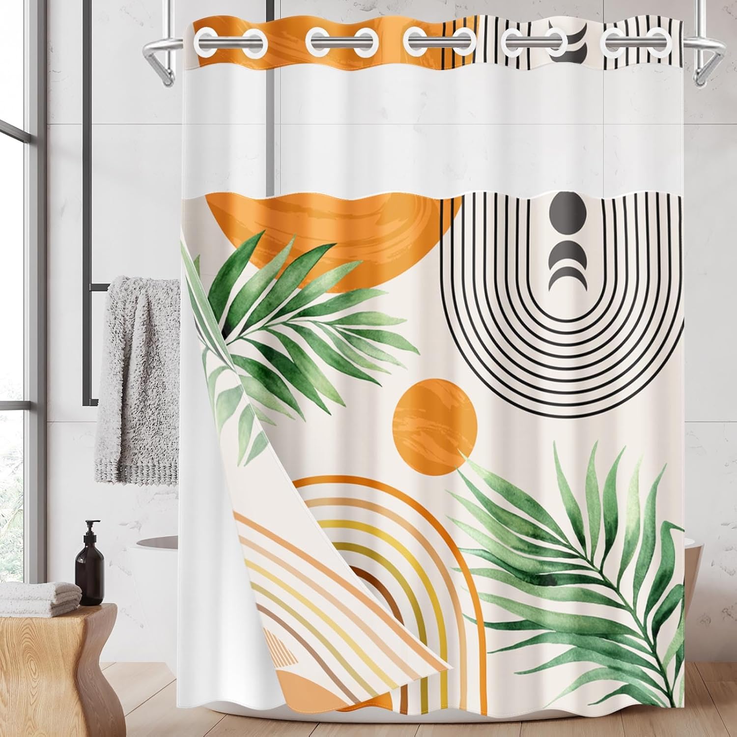 No Hook Mid Century Green Boho Shower Curtain with Snap in Fabric Liner, Abstract Sun Arch Curve Leaves Geometric Double Layers Waterproof with See Through Top Window Bath Curtain 71x74 Inch