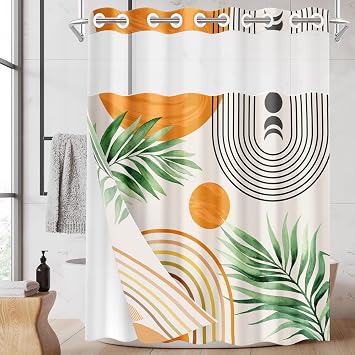 No Hook Shower Curtain with Snap in Liner 71x74 Inch Boho Abstract | Geometric Sun Moon Modern Double Layers Waterproof Fabric with See Through Top Window Open Grommet Bath Curtain