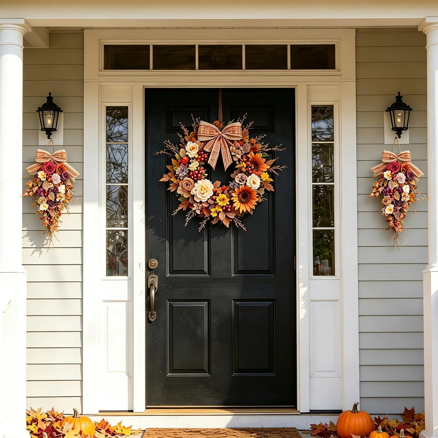 TEMPUS 20 Inch Artificial Fall Swag, Red and Gold Rose Floral, Handcrafted Thanksgiving Harvest Wreath for Indoor Farmhouse Wall, Front Door Decor