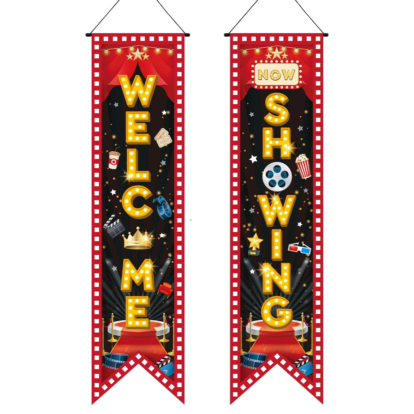 2pcs Movie Night Porch Banner, Welcome Now Showing Hanging Sign Movie Night Theme Party Decorations Supplies for Home Film Camera Action Party Backdrop Accessories(Style 3)