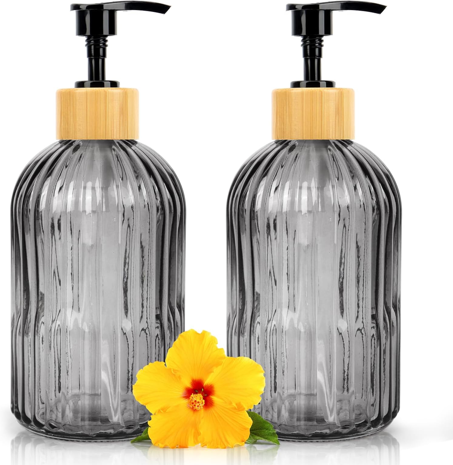 Ulable Glass Soap Dispensers - 400 ML/14Oz Pump Bottle Dispenser - Refillable Hand Soap Dispenser Bottle with Black Wooden Hoop Pump for Kitchen, Bathroom, Laundry Room (2 PCS Translucent Black)