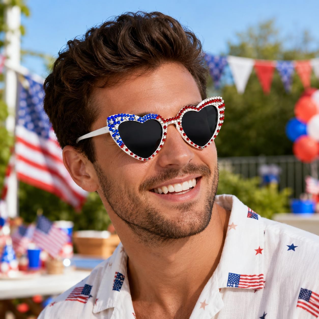 SVKN 4th of July Sunglasses, Patriotic Red White Blue Beads Glasses for Independence Day Decorations & Accessories