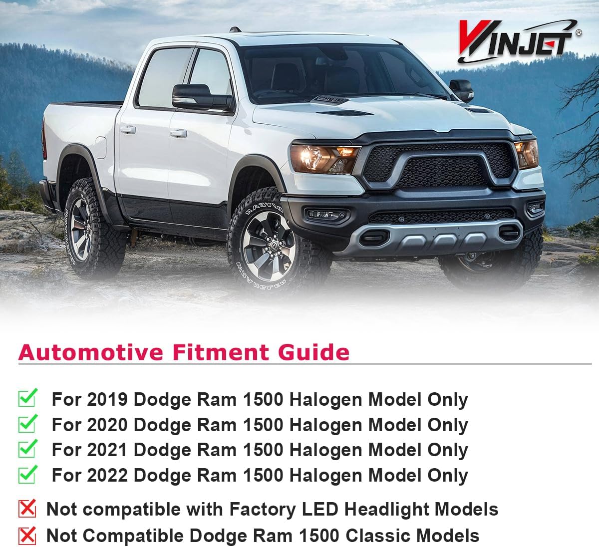 Winjet Headlight Assembly For 2019-2023 Dodge RAM 1500 Halogen Model Only [Not compatible with Factory LED Headlight and 1500 Classic Models] - Black Housing/Clear Lens - Driver Side Passenger Side