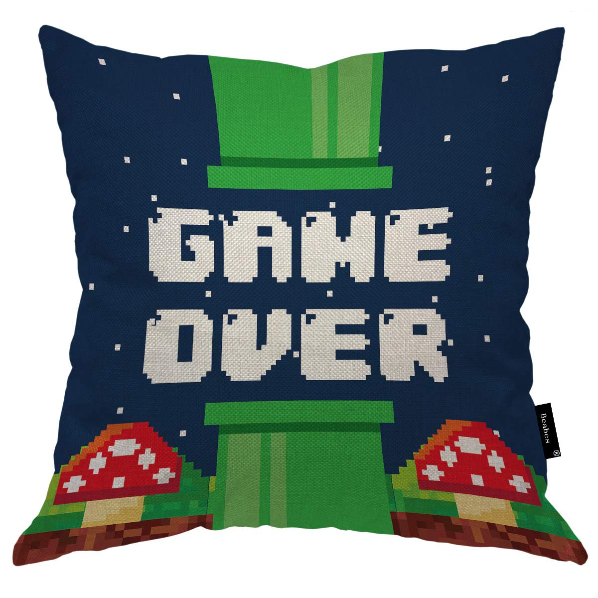Pixel Game Throw Pillowcase Vintage Fun Video Game Over with Fungus White Cloud Red Mushroom Square Throw Pillow Cover for Men Women Boys Girls Home Decor Cotton Linen 18x18 Inch