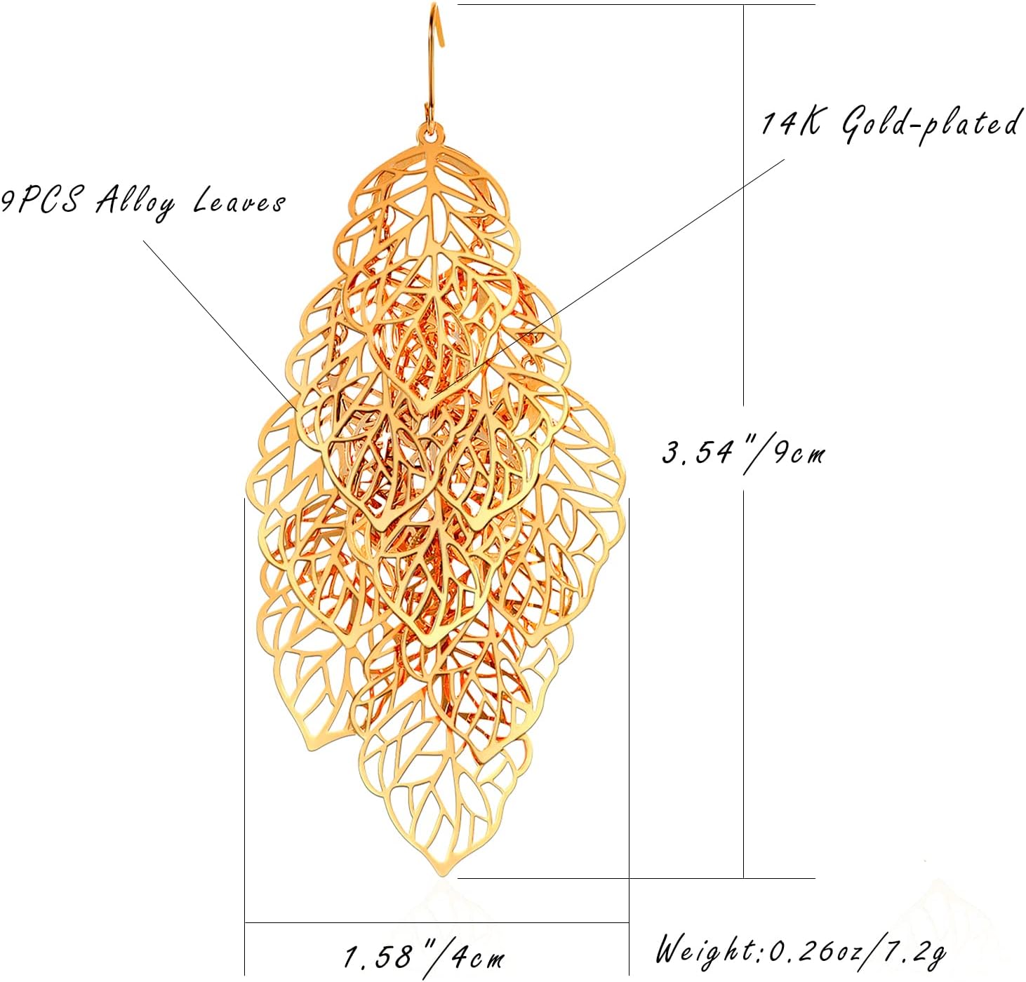 14K Gold Plated Leaf Dangle Earrings for Women Big Gold Statement Drop Earrings - Image 2