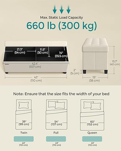 Miniatura 10 de SONGMICS Banco otomano de almacenamiento, reposapiés plegable con patas, 15 x 43 x 15.7 pulgadas, banco de extremo de cama, baúl de almacenamiento,