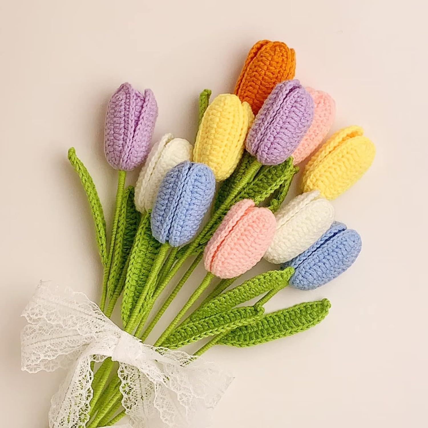 Emivery Crochet Flower Bouquet, 10pcs Handmade Faux Tulip Flowers Knitted Artificial Flowers Bouquet Floral Arrangements for Home Office Wedding Decor