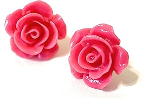 Hypoallergenic Hot Pink Large Rose Stud Earrings on Plastic Posts