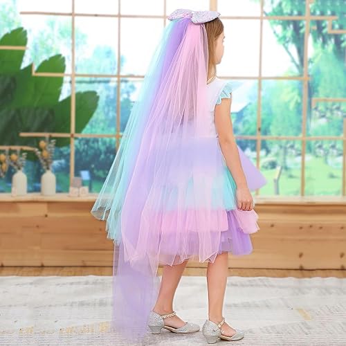 Miniatura 4 de Tacobear Disfraz de unicornio para niñas, vestido de lentejuelas con diadema LED de tul hasta el suelo, ropa de vestir de princesa