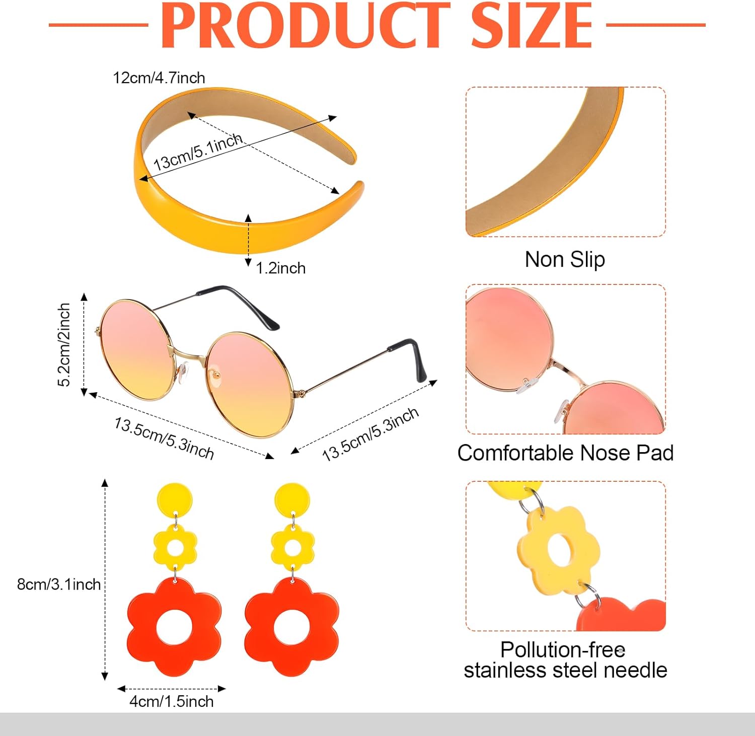 SATINIOR 4 Pcs 60s 70s Women's Hippie Costume Retro Disco Outfit Groovy Earring Headband Dress Sunglasses for Halloween Party - Image 3