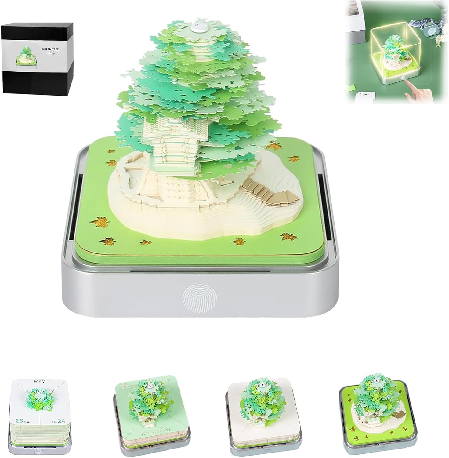 3D Calendar 2026, Desk Time Piece Calendar 2026,Tear-Away 3D Paper Art Notepad w LED Lights,Creative 3D Memo Artsy Pad Calendars, DIY Paper Carving Gift (Green Tree)
